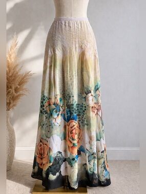Artsy Floral Maxi Skirt Sz 8 Sheer Overlay Lined Boho Romantic Beachy Feminine